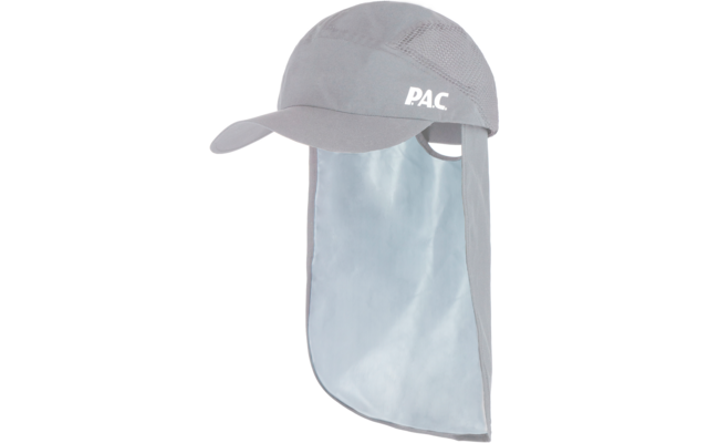 Grijze stoffen pet met klep en lange nekflap, wit 'P.A.C'-logo aan de voorkant
