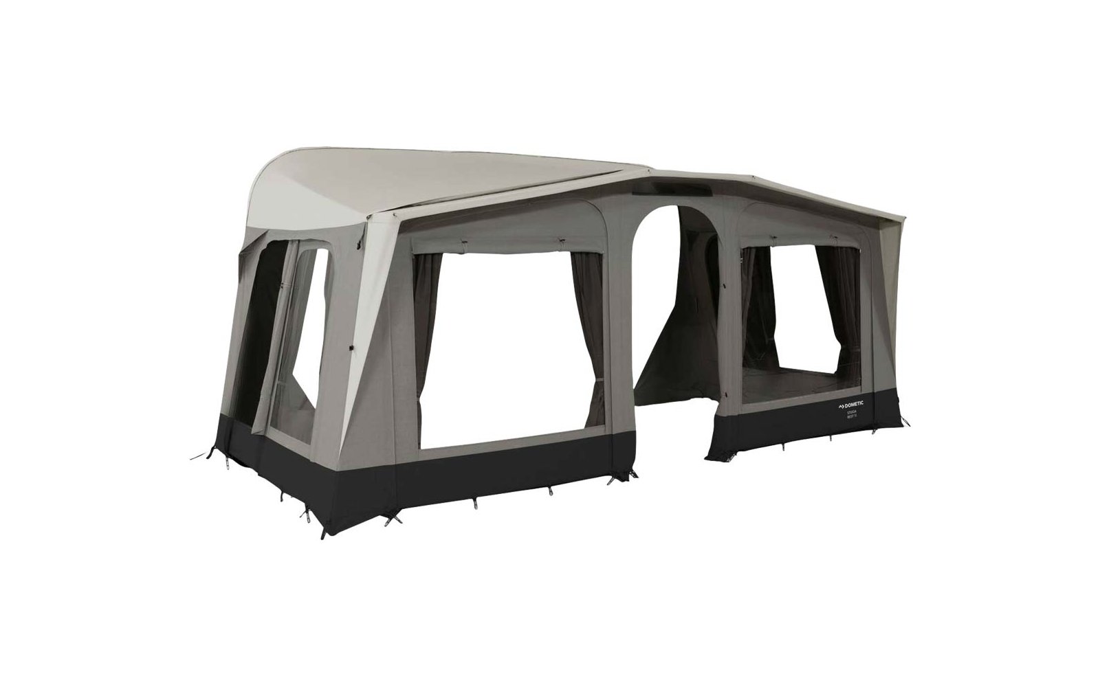 Large beige-grey fabric tent with several large windows, dark curtains, an open central passage, a black base, and visible ground straps and pegs