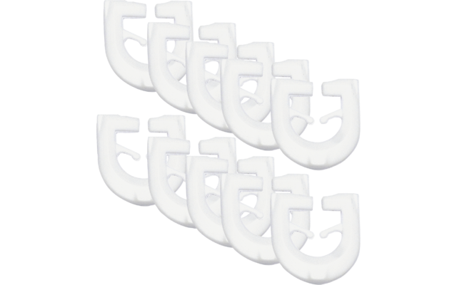 Zehn weiße, C-förmige Kunststoffhaken, angeordnet in zwei versetzten Reihen auf weißem Hintergrund