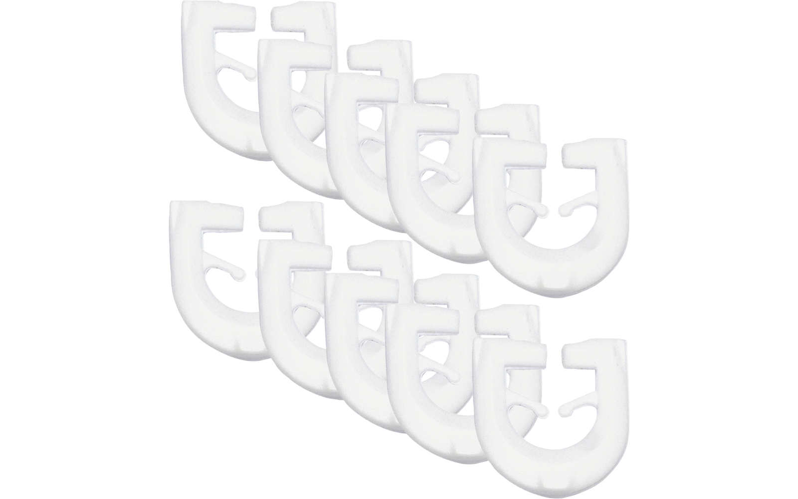 Zehn weiße, C-förmige Kunststoffhaken, angeordnet in zwei versetzten Reihen auf weißem Hintergrund