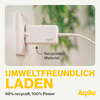 Weiße Ladestation an einer Wand mit angeschlossenem Kabel und Aufschrift 'Aqila' und 'Recycling Battery'