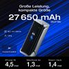 Ein Akku mit Kapazität von 27650 mAh und technischen Spezifikationen in weißer Schrift auf schwarzem Hintergrund