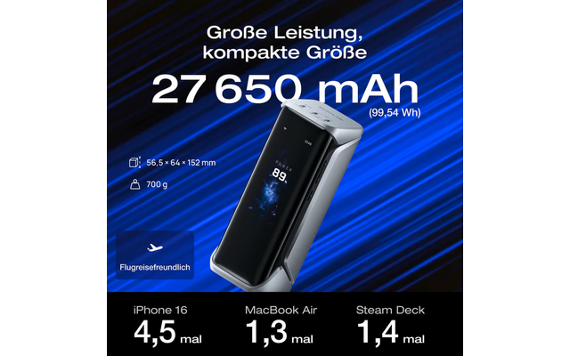 Ein Akku mit Kapazität von 27650 mAh und technischen Spezifikationen in weißer Schrift auf schwarzem Hintergrund