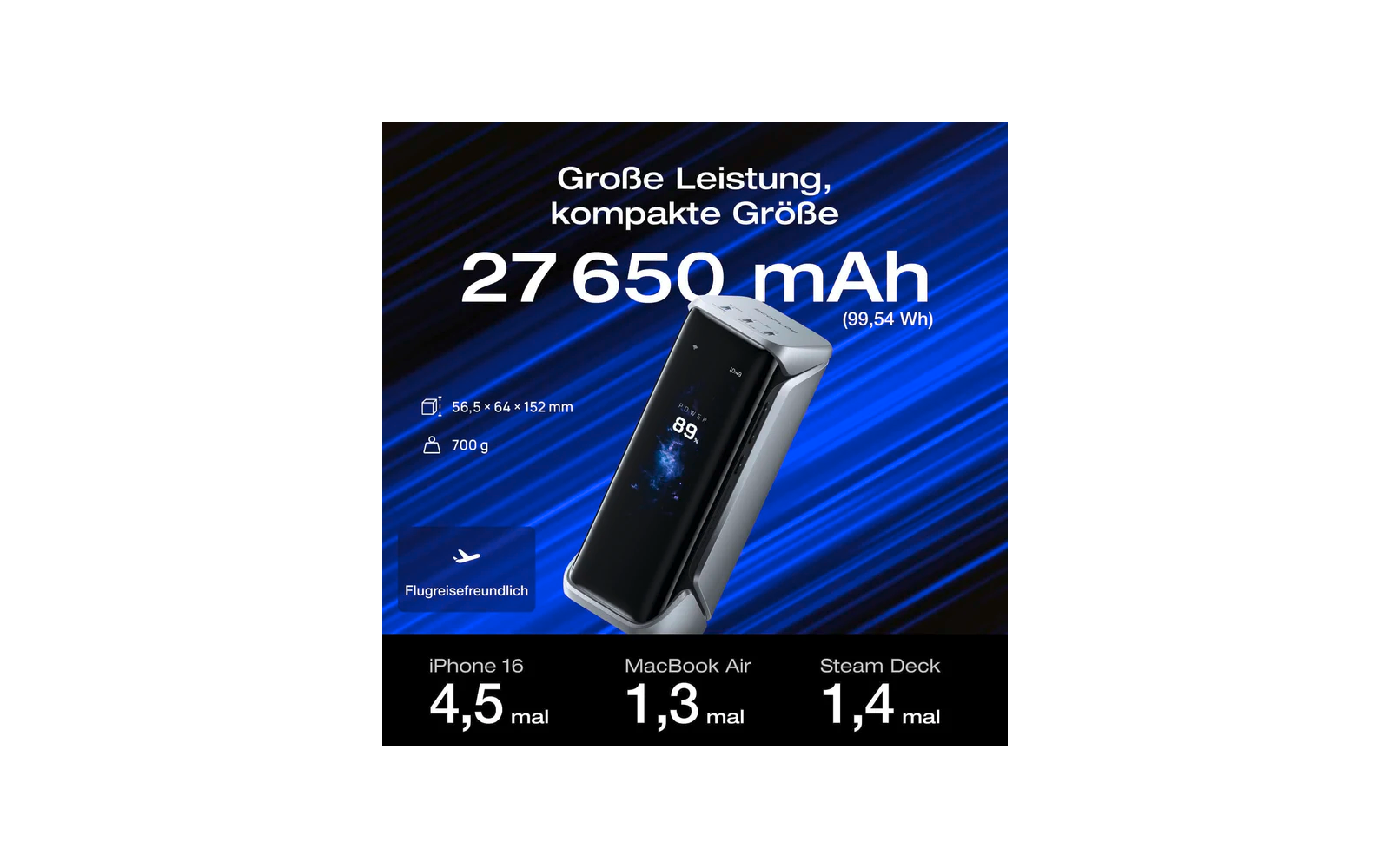 Ein Akku mit Kapazität von 27650 mAh und technischen Spezifikationen in weißer Schrift auf schwarzem Hintergrund