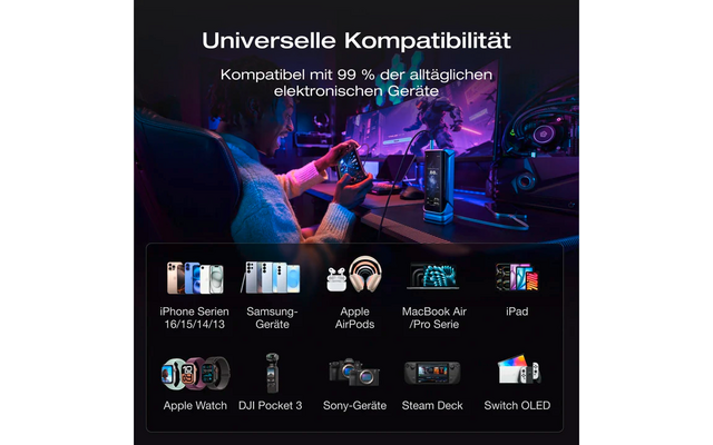 Abbildung mit Text zur universellen Kompatibilität von Geräten, zeigt verschiedene elektronische Geräte wie Smartphone, Smartwatch und Tablet vor buntem Hintergrund