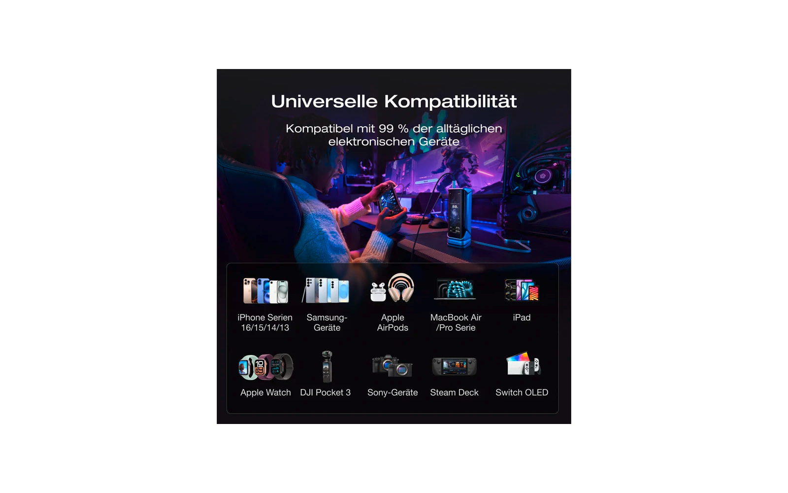 Abbildung mit Text zur universellen Kompatibilität von Geräten, zeigt verschiedene elektronische Geräte wie Smartphone, Smartwatch und Tablet vor buntem Hintergrund