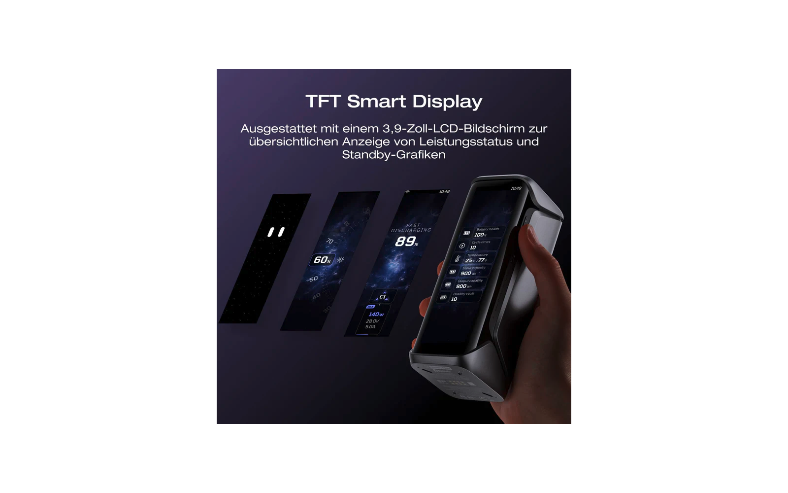 Hand hält Stift vor TFT-Smart-Display mit mehreren Anwendungsfenstern