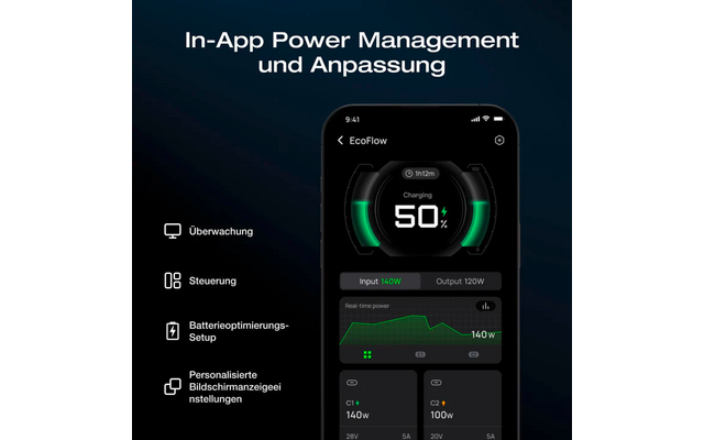 Smartphone-Bildschirm mit einer App zur Leistungsanzeige und Anpassung der In-App-Leistungssteuerung