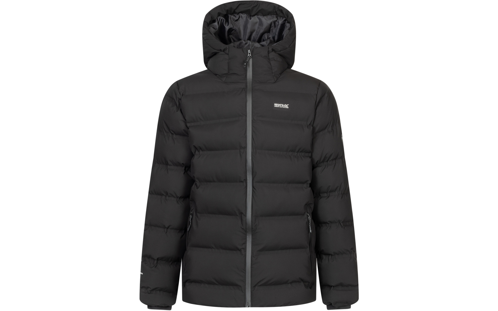 Schwarze gesteppte Kapuzenjacke mit durchgehendem Reißverschluss, zwei seitlichen Reißverschlusstaschen und sichtbarem Logo auf der Brust