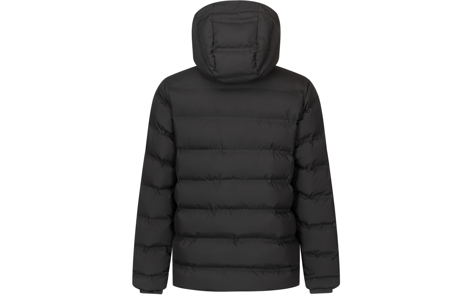 Schwarze gesteppte Jacke mit Kapuze, Rückansicht