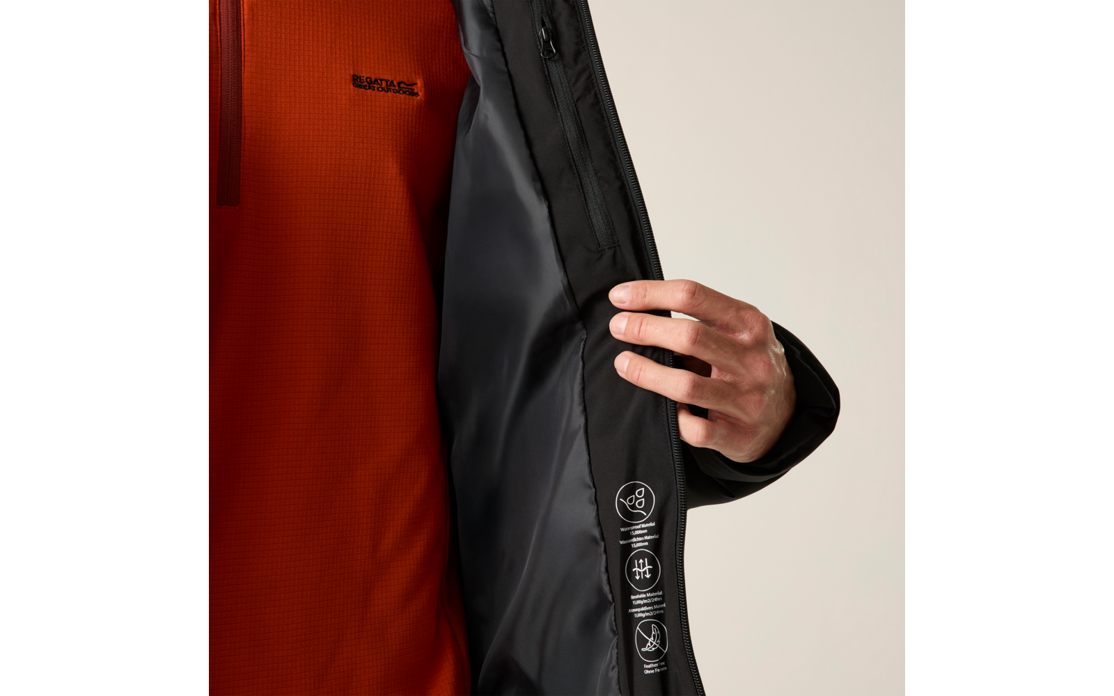 Hand hält die Innenseite einer schwarzen Jacke offen; darunter ein orangefarbener Pullover; Innenfutter mit Reißverschlusstasche und drei runden Symbolen