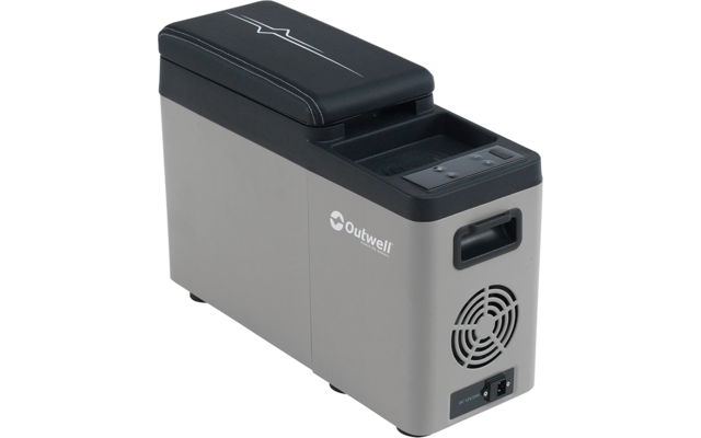 Grau-schwarzes rechteckiges Gerät mit klappbarem Deckel, seitlichem Lüftungsgitter und weißem Outwell-Logo an der Seite