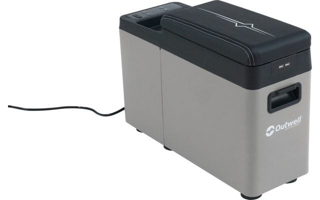 Grau-dunkelgraue rechteckige Box mit geschlossenem Deckel, seitlichem Griff, Outwell-Logo und angeschlossenem Stromkabel
