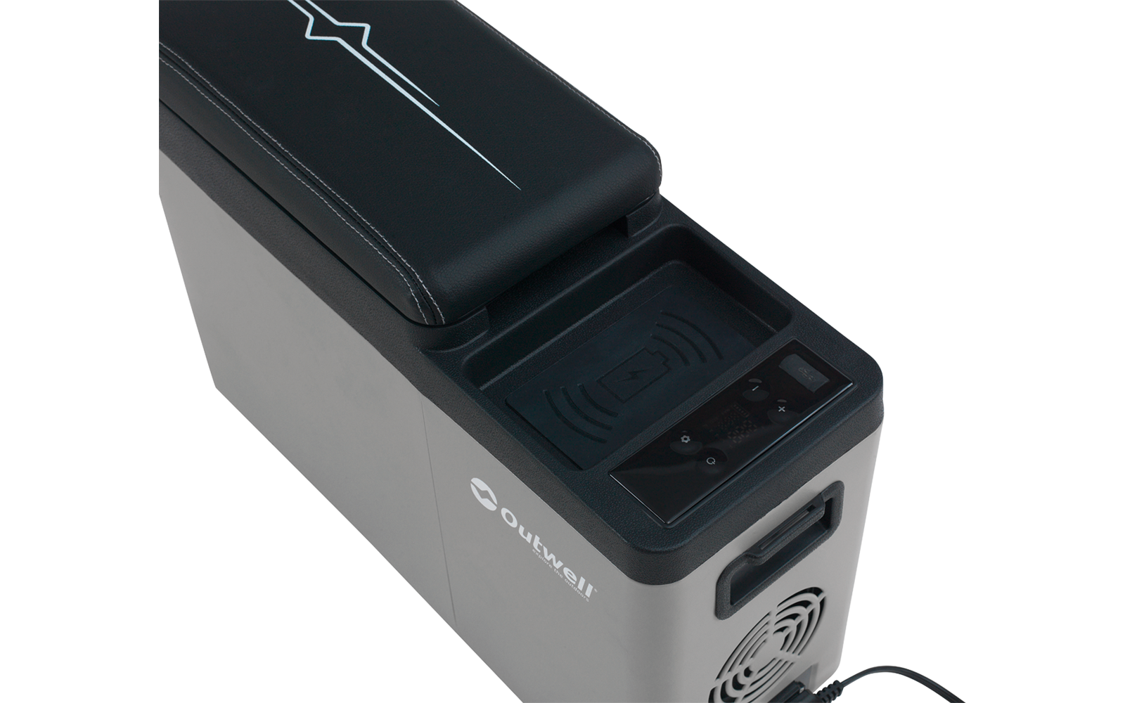 Graues, rechteckiges Gerät mit schwarzem, gepolstertem Deckel und weißer Liniengrafik; offene schwarze Mulde mit konzentrischen Rillen und Kontakt-Symbol, daneben kleines Bedienfeld mit drei Leuchtanzeigen, seitliches Lüftungsgitter, Stromkabel und w