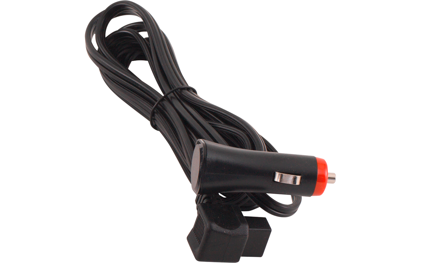 Schwarzes, aufgewickeltes Kabel mit zylinderförmigem Zigarettenanzünder-Stecker mit rotem Ring und rechteckigem schwarzem Stecker am anderen Ende