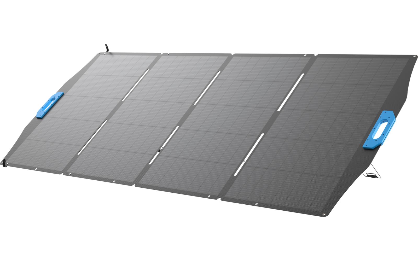 Mehrteilige dunkle Solarplatte mit rechteckigem Zellenraster, blauen Griffen an den Seiten und ausgeklappten Stützfüßen, schräg aufgestellt
