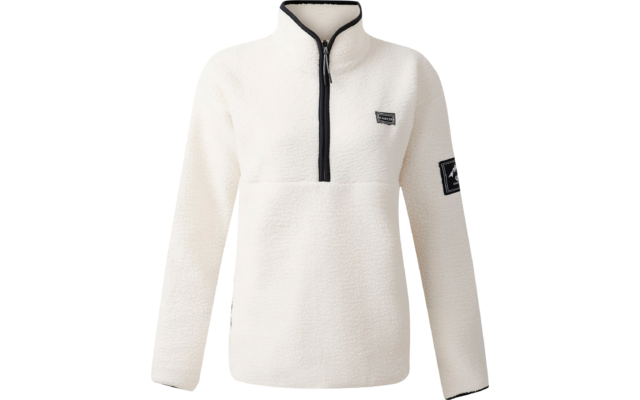 Weißer Pullover mit halbem Reißverschluss und Logo auf der Brust und am Ärmel