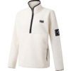 Weißer Pullover mit halbem Reißverschluss und schwarzem Logo auf der Brust und am Ärmel