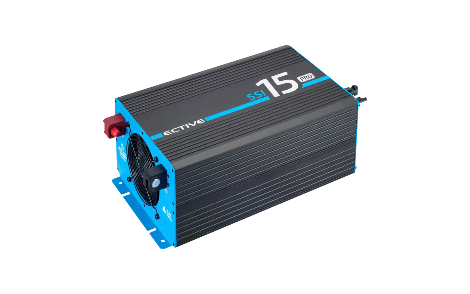 Onduleur noir et bleu avec ventilateur et connexion sur le côté