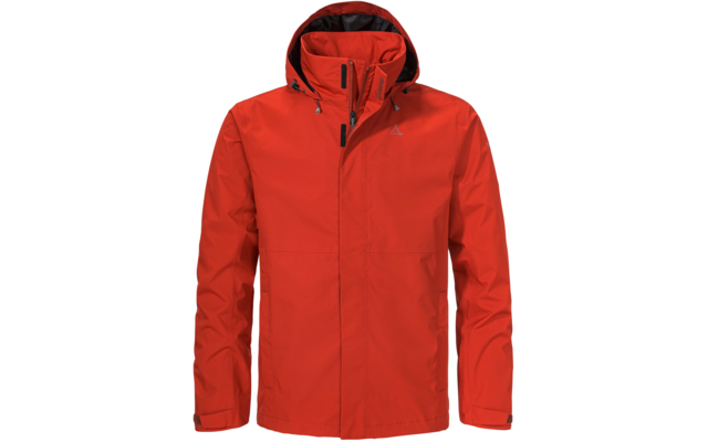 Rote Jacke mit Kapuze, vorderem Reißverschluss, schwarzem Kapuzenfutter und kleinem Brustlogo