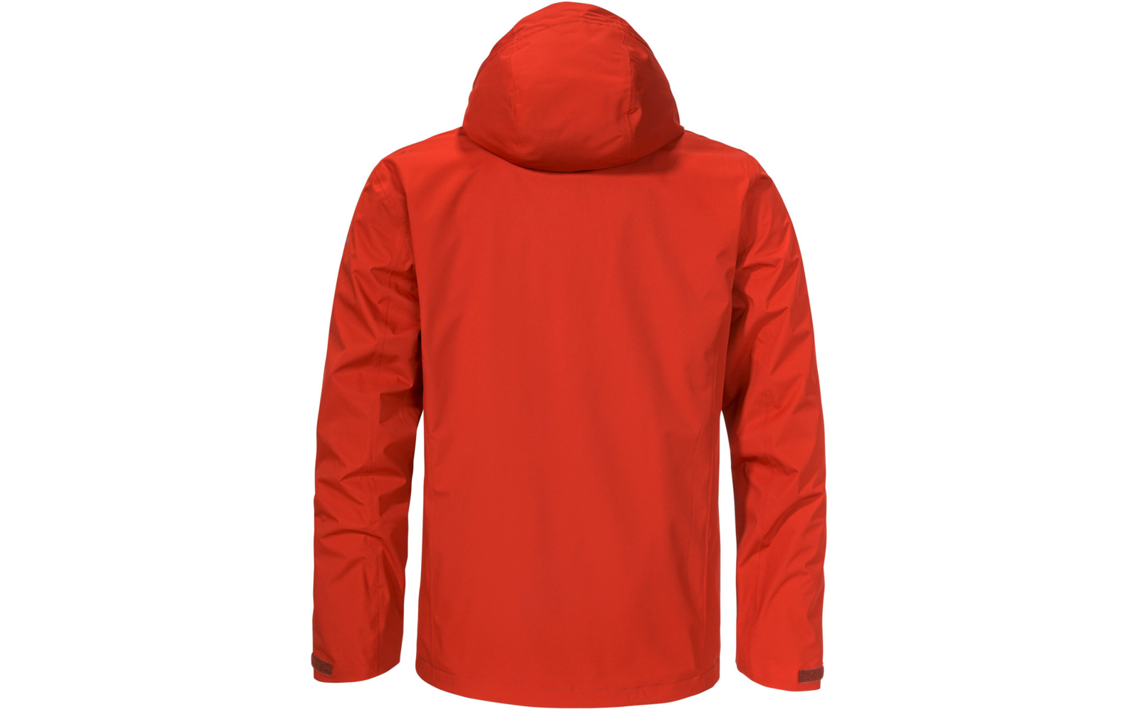 Rückansicht einer roten Kapuzenjacke mit langen Ärmeln und geradem Saum