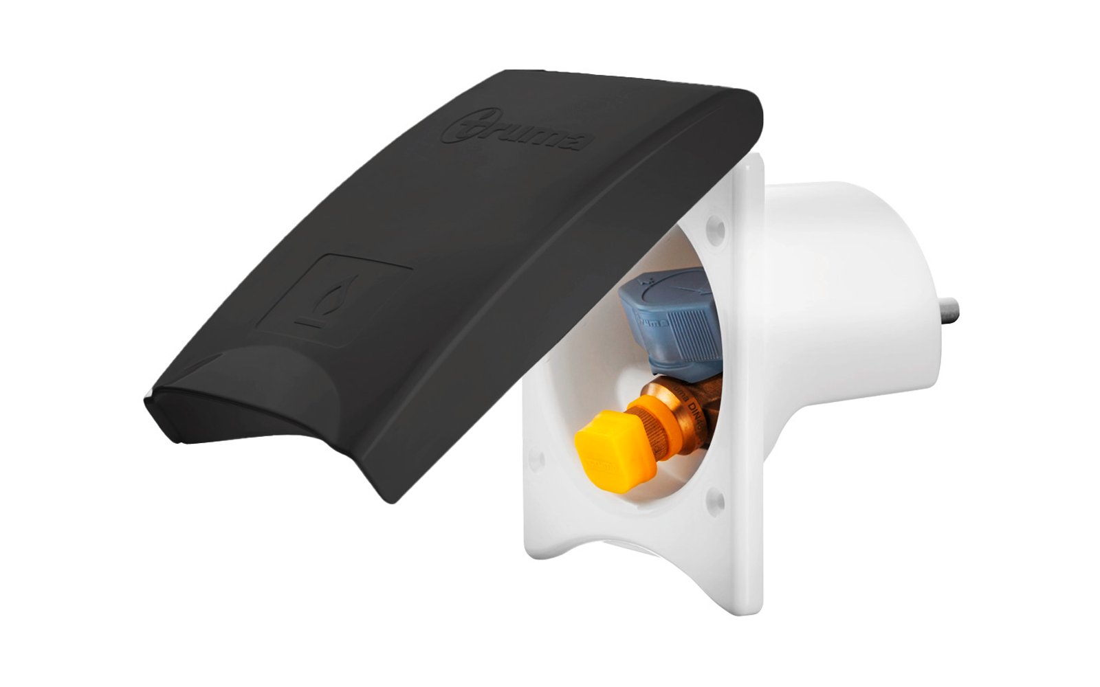 Weiße, quadratische Einbaublende mit zylindrischem Einsatz; sichtbarer Messinganschluss mit orangefarbener Kappe, blaues Kunststoffteil oben, schwarze aufklappbare Abdeckung offen