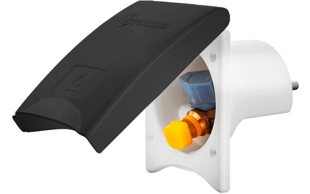 Weiße, quadratische Einbaublende mit zylindrischem Einsatz; sichtbarer Messinganschluss mit orangefarbener Kappe, blaues Kunststoffteil oben, schwarze aufklappbare Abdeckung offen