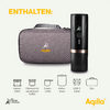 Tragetasche, schwarze elektrische Zahnbürste, zwei Aufsteckbürsten und USB-Ladekabel auf weißem Hintergrund