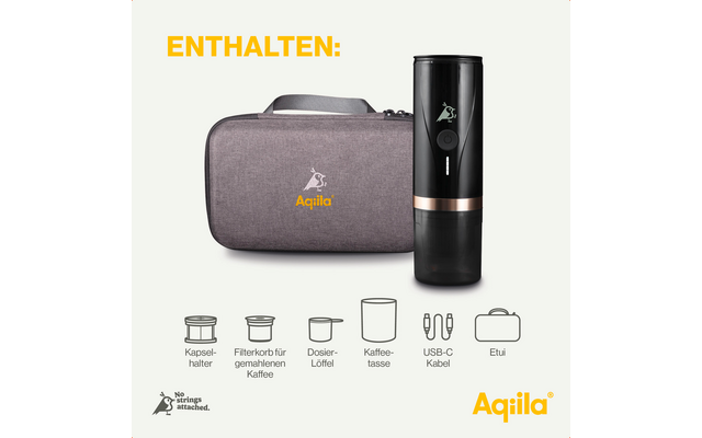 Tragetasche, schwarze elektrische Zahnbürste, zwei Aufsteckbürsten und USB-Ladekabel auf weißem Hintergrund