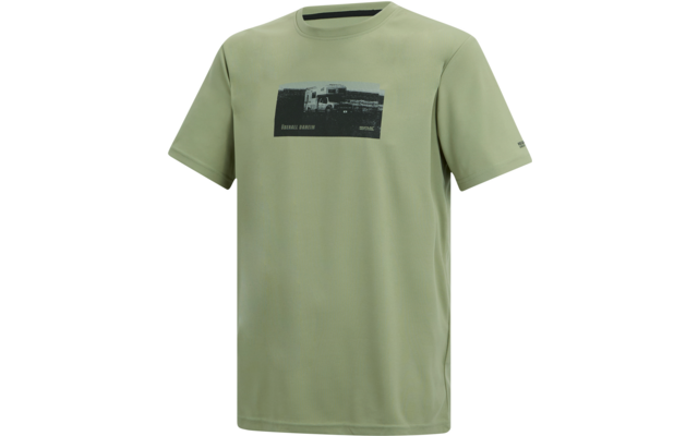 Hellgrünes kurzärmeliges T-Shirt mit Rundhalsausschnitt und schwarzem rechteckigem Brustdruck, der einen weißen Lkw zeigt