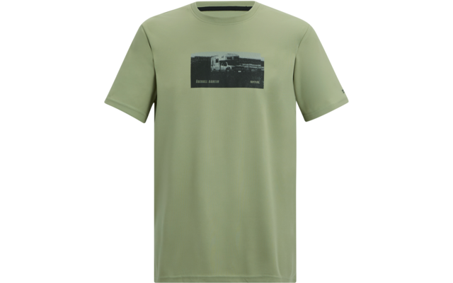 Hellgrünes kurzärmeliges T‑Shirt mit Rundhalsausschnitt und schwarzem rechteckigem Fotoaufdruck eines Lkw in der Brustmitte