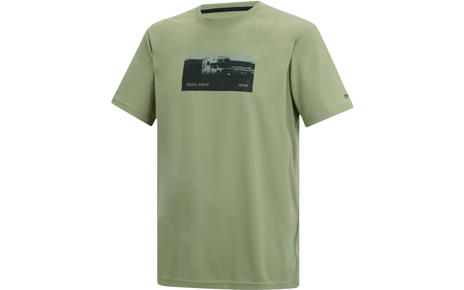 Hellgrünes kurzärmeliges T-Shirt mit Rundhalsausschnitt und schwarzem rechteckigem Brustdruck, der einen weißen Lkw zeigt