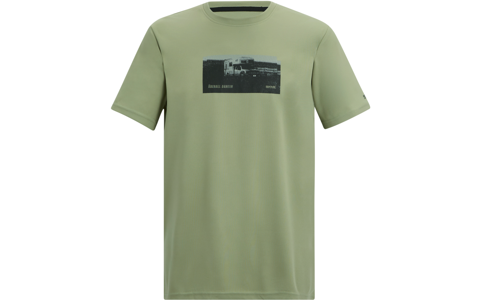 Hellgrünes kurzärmeliges T‑Shirt mit Rundhalsausschnitt und schwarzem rechteckigem Fotoaufdruck eines Lkw in der Brustmitte