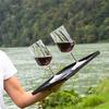 Arm of a person in a white shirt holding a black tray with two wine glasses partially filled with red wine in front of a lake and tree-covered shore