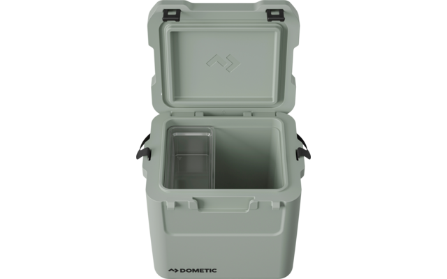 Offener, quadratischer, mintgrüner Kühlbox mit Tragegriffen und Logo