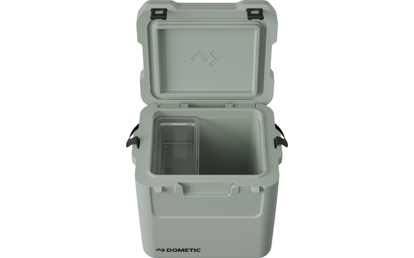 Offener, quadratischer, mintgrüner Kühlbox mit Tragegriffen und Logo