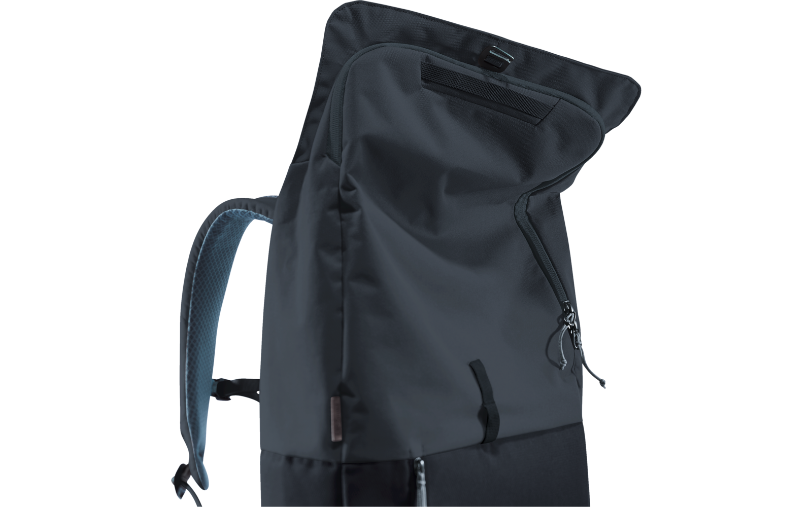 Dunkler Rucksack mit Oberklappe, seitlichem Reißverschluss und gepolsterten Schultergurten