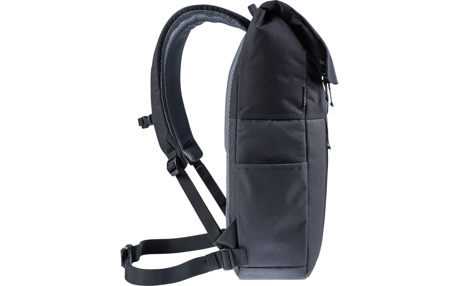 Seitliche Ansicht eines schwarzen Rucksacks mit Trägern