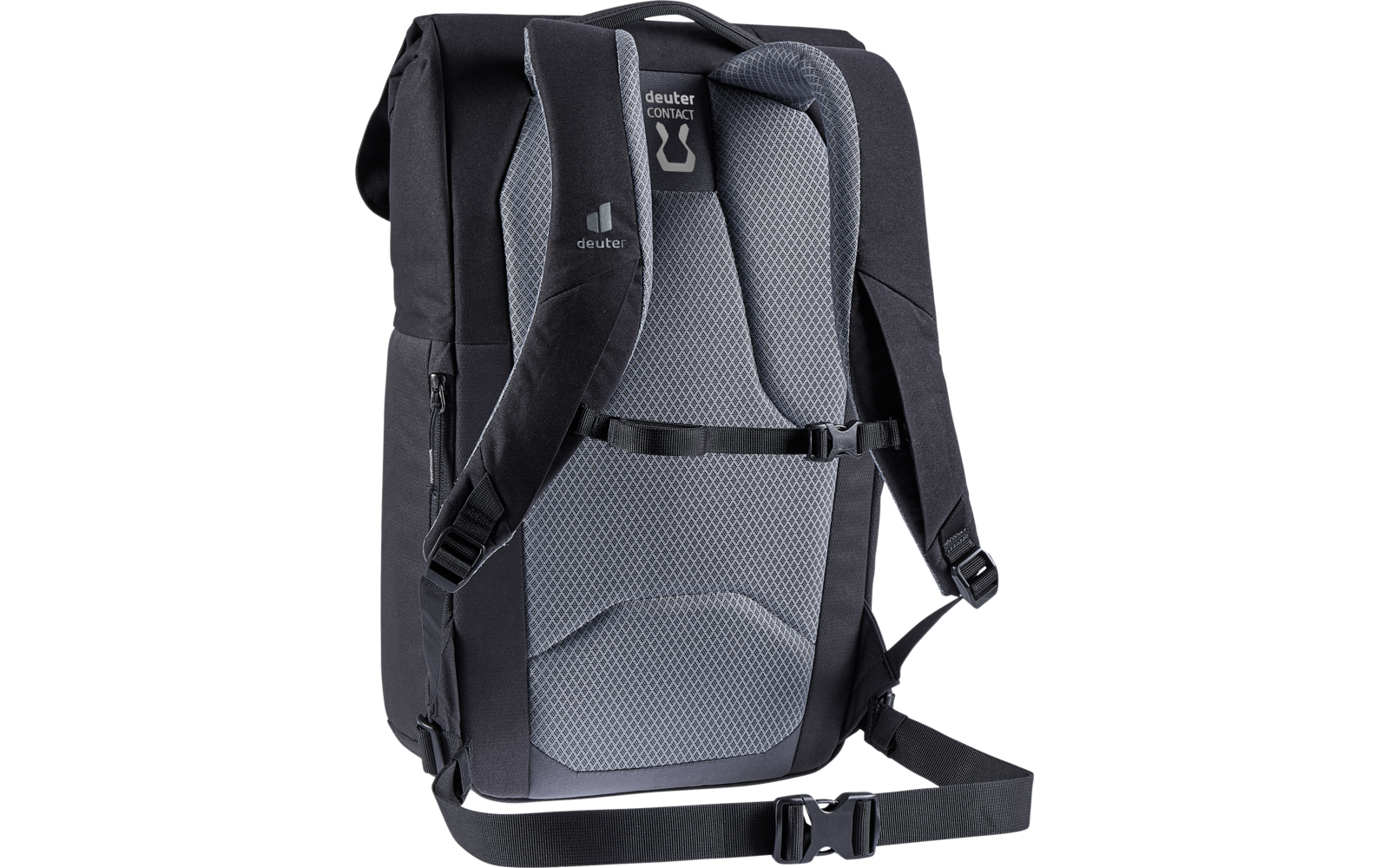 Grauer Rucksack mit gepolsterten Schulterriemen und schwarzem Gurt