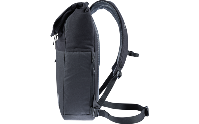 Seitliche Ansicht eines schwarzen Rucksacks mit einem Tragegriff und zwei Schulterriemen