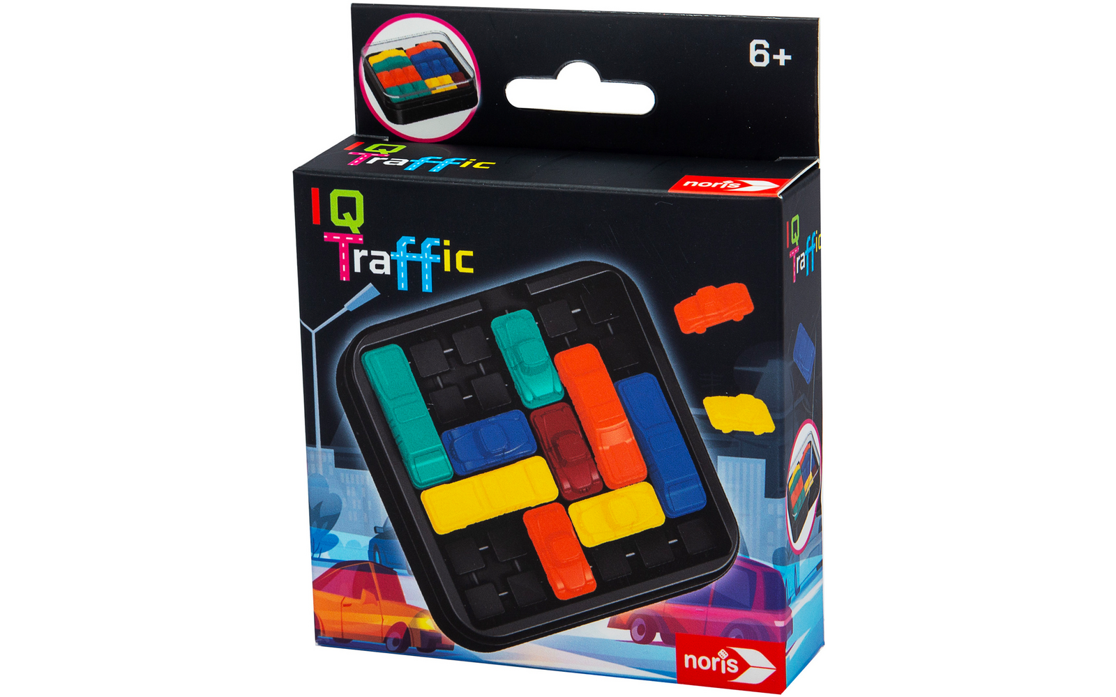 Emballage du jeu IQ Traffic avec des véhicules colorés et un plateau de jeu