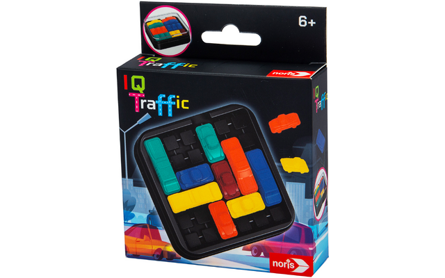 Emballage du jeu IQ Traffic avec des véhicules colorés et un plateau de jeu