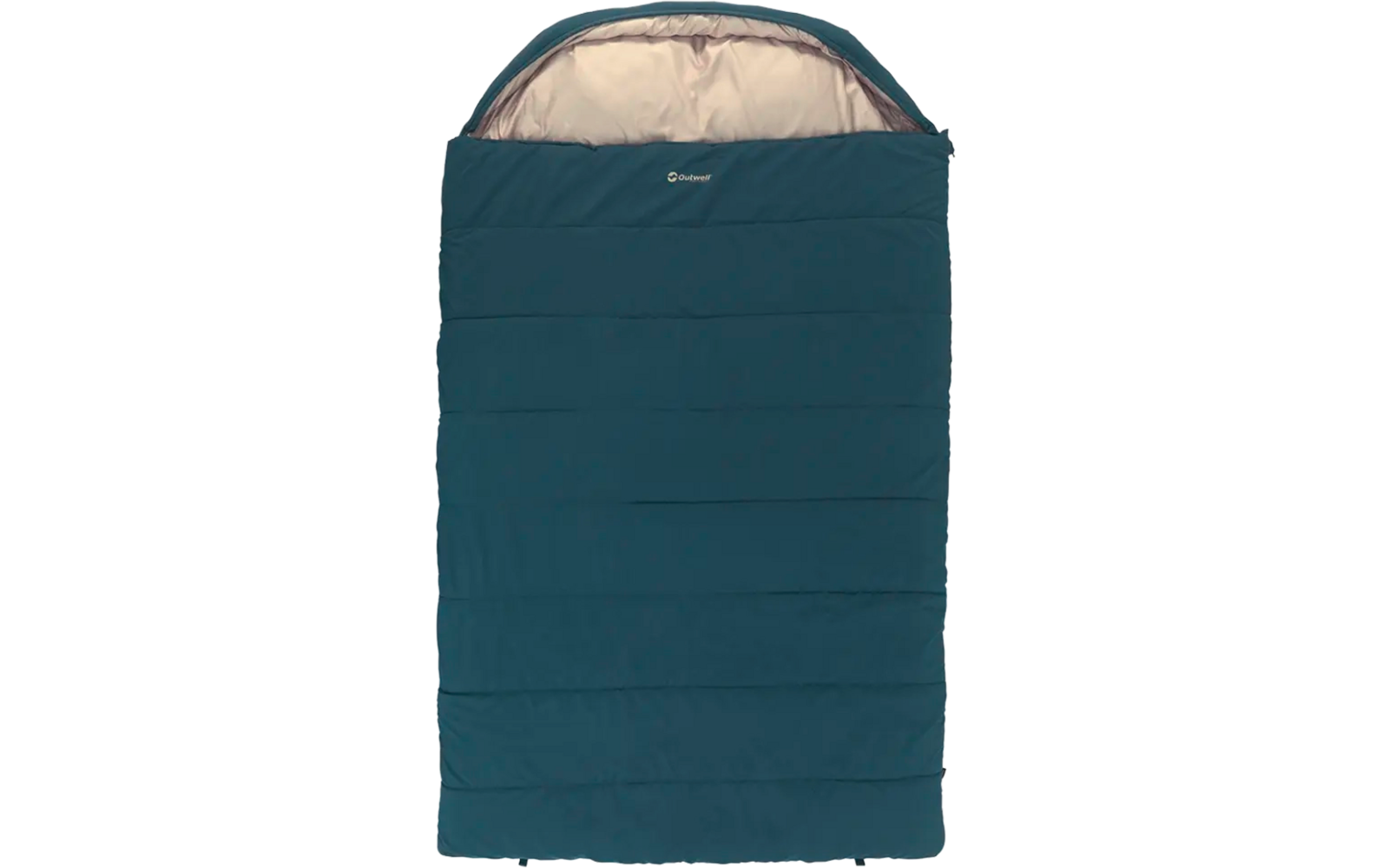 Blauer Schlafsack mit hellgrauem Innenfutter, rechteckige Form, geöffnet