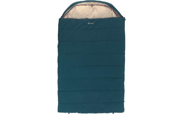 Blauer Schlafsack mit hellgrauem Innenfutter, rechteckige Form, geöffnet