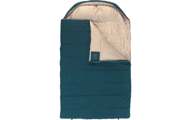 Blauer Schlafsack mit hellbeiger Innenfüllung, zur Hälfte geöffnet