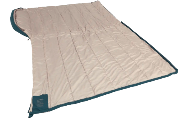 Beige Schlafsack ausgebreitet mit dunklem Rand und Etikett unten links