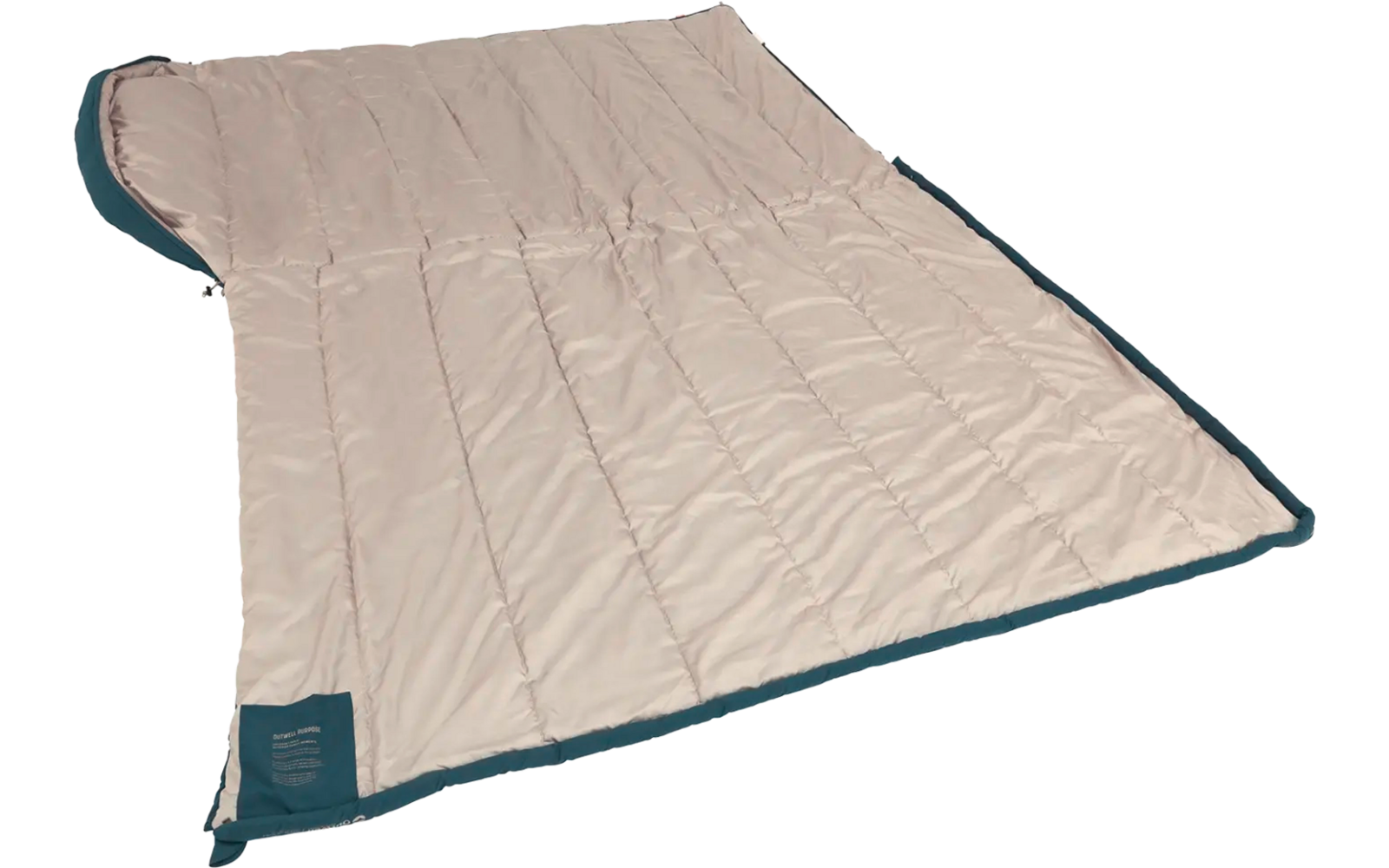 Beige Schlafsack ausgebreitet mit dunklem Rand und Etikett unten links
