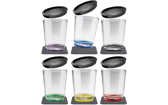 Sechs klare, leere Trinkgläser in zwei Reihen zu je drei auf dunklen quadratischen Untersetzern; unter jedem Glas ein farbiger Rand (lila, blau, hellgrün, grün, gelb, rot) und jeweils ein schwarzer runder Deckel über dem Glas