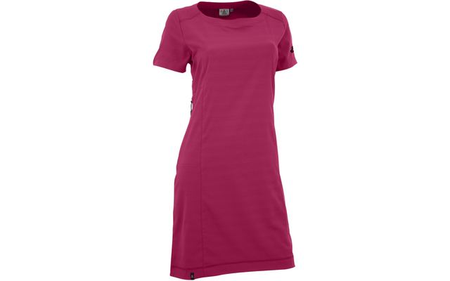 Robe rose foncé à manches courtes, longueur genou, encolure ronde, coutures verticales visibles à l'avant, étiquette noire au col et petits onglets noirs à la manche et à l'ourlet