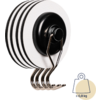 Four white round hooks with black edges attached to a black holder